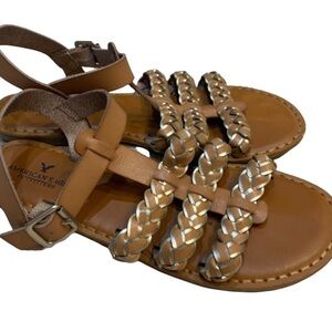 American Eagle Outfitters Tan/Gold Jerusalem Braided Leather Sandals Sz 9